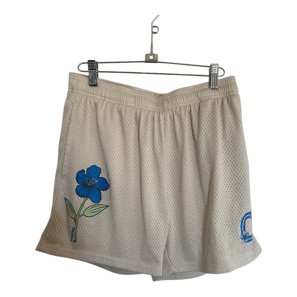 Overtime Cream Mesh Shorts with Blue Floral Design and Tiger S